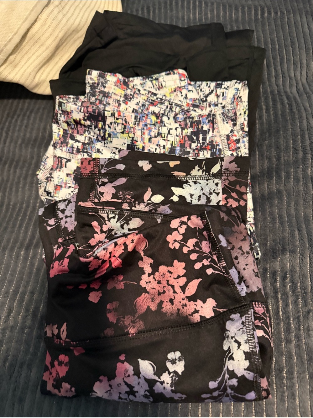 ZELOS Women's Printed Leggings Set in Black with Pink and Purple Floral Accents